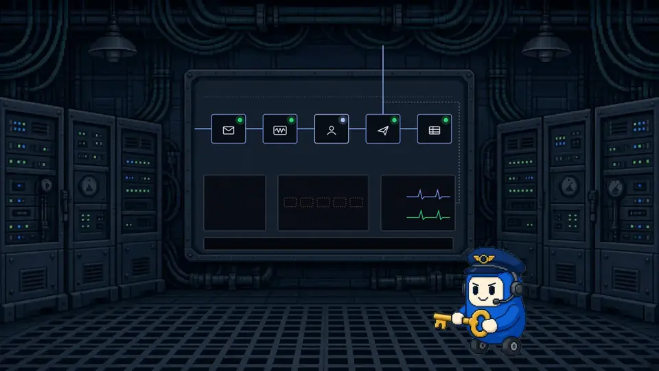 La salle des machines en pixel art : armoires à voyants, câbles au plafond, et au centre le tableau du circuit, tous ses voyants au vert. OTTO, la mascotte d’OTTOPILOTE, se tient devant avec une grande clé dorée.