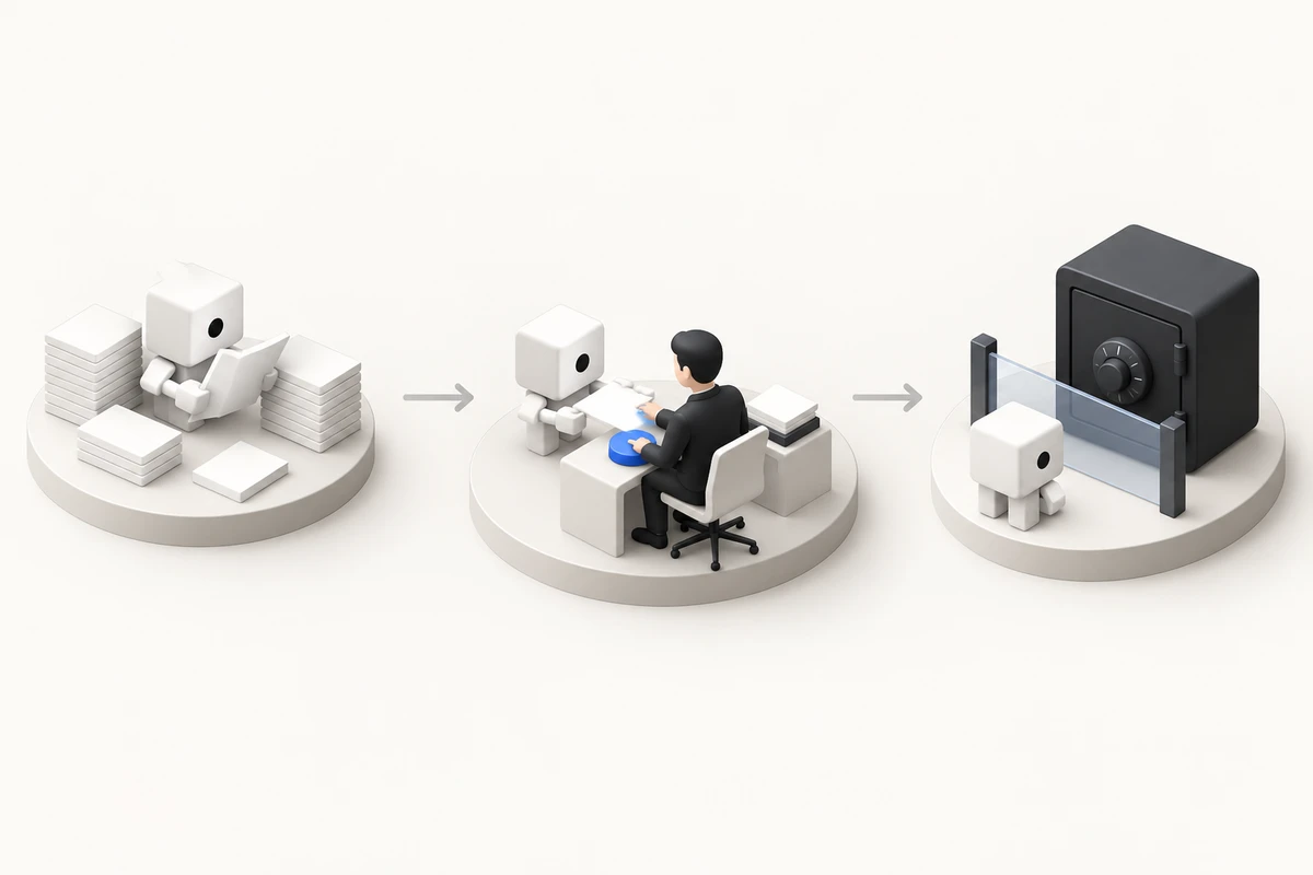 Illustration en trois plateformes : l’agent lit seul des documents, puis tend un brouillon à une personne qui valide avec un bouton bleu, et ne peut pas atteindre un coffre-fort fermé derrière une barrière.