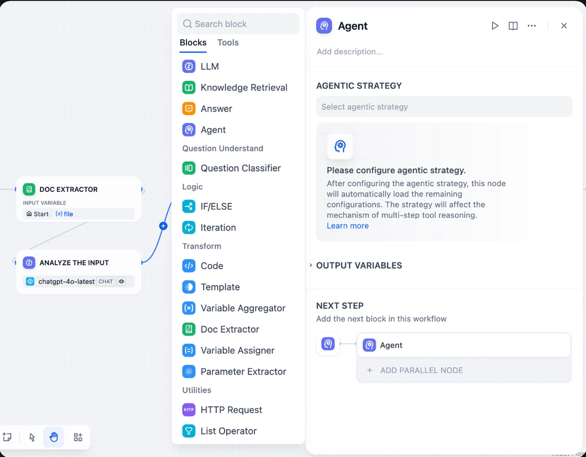 Capture de la documentation de Dify : un workflow avec un extracteur de document, la liste des blocs disponibles et le panneau de configuration d’un nœud Agent.