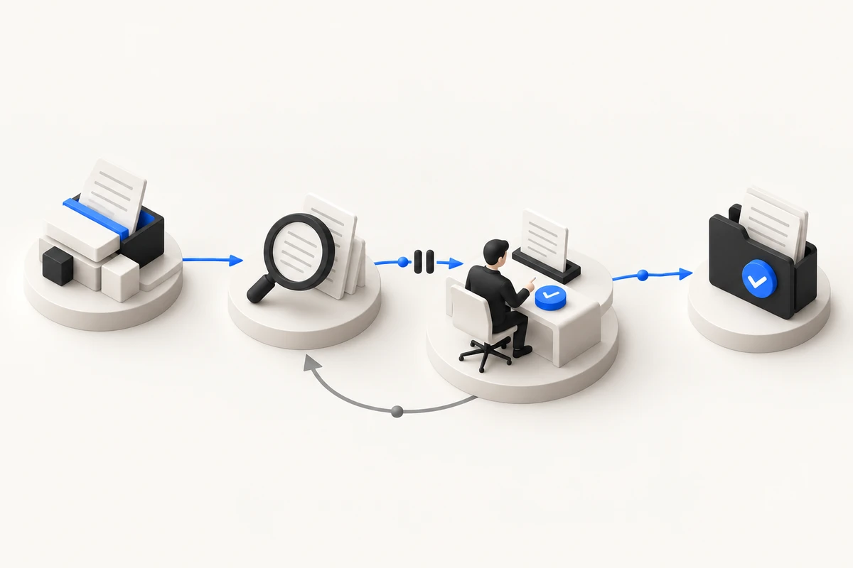 Illustration : des pièces passent par une extraction puis une recherche ; le parcours s’arrête pour une validation humaine, puis reprend vers un dossier terminé ou revient chercher un complément.