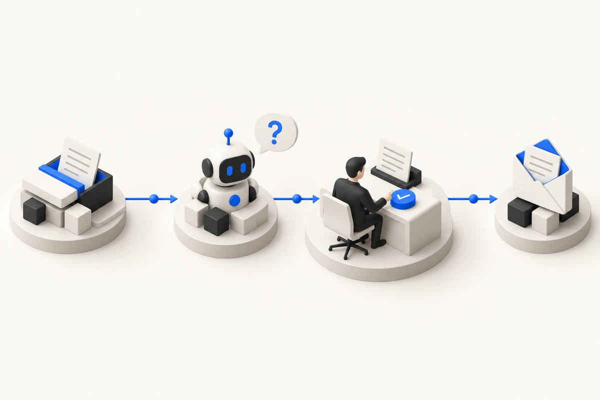 Illustration : un formulaire entre dans un scénario, l’agent pose une question complémentaire, une personne valide avant l’envoi du message.