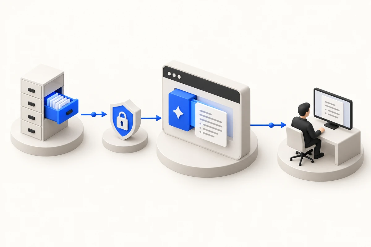 Illustration : un seul tiroir de dossiers ouvert, un bouclier de contrôle d’accès, l’agent qui prépare une synthèse dans l’application, puis un utilisateur qui la lit.