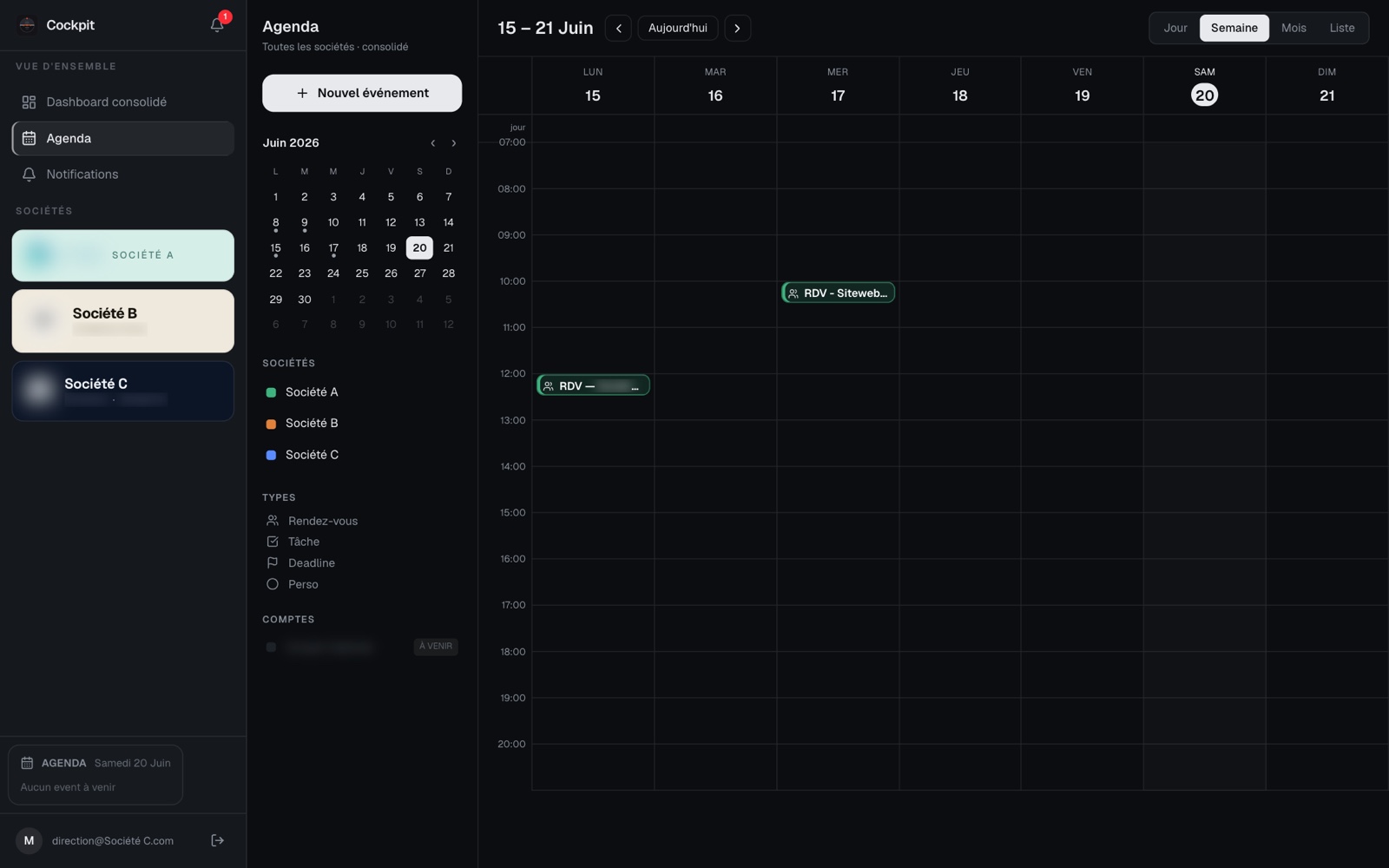 Cockpit — agenda multi-société
