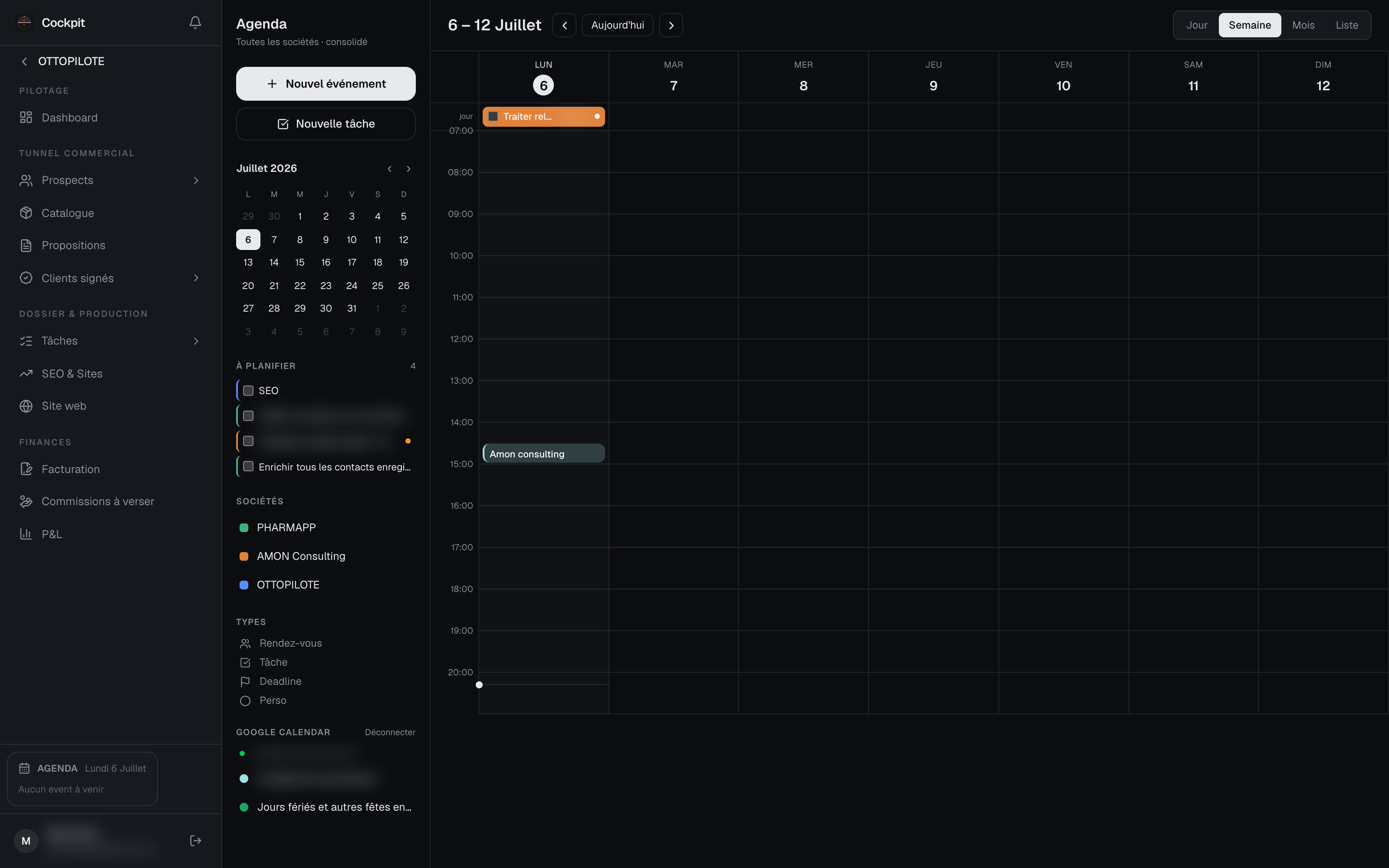 Cockpit — Agenda synchronisé Google Calendar