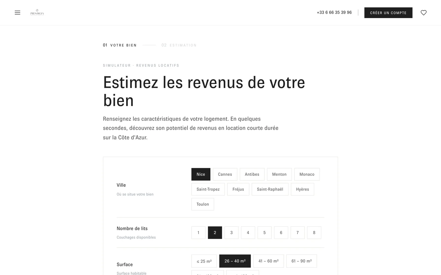 Simulateur de revenus locatifs de prestigiaconciergerie.fr : ville, nombre de lits, surface