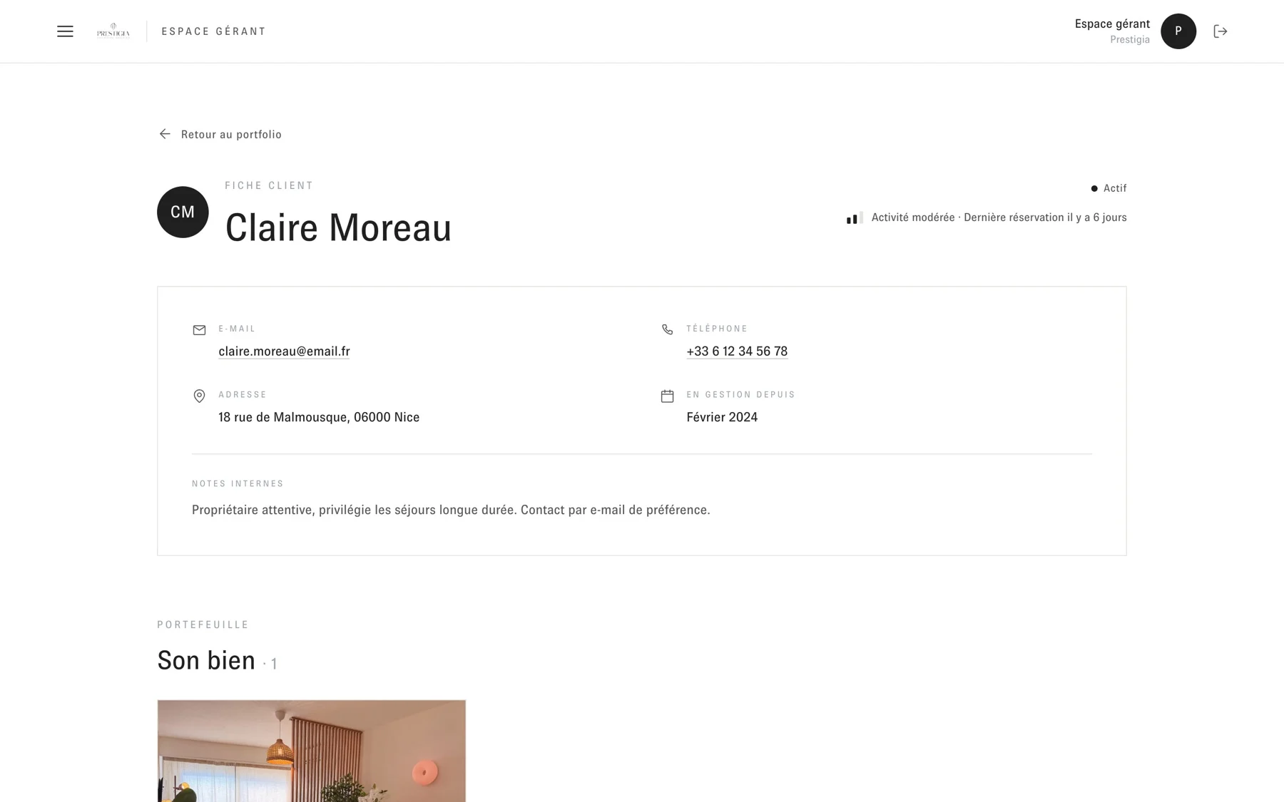 Prestigia Conciergerie — Fiche client